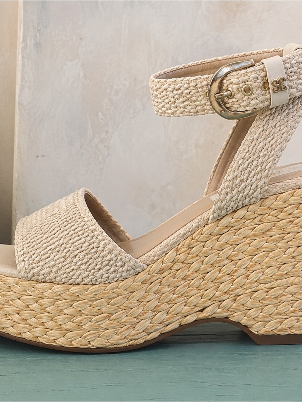 Sam Edelman Beige Woven Platform Sandal with Ankle Strap